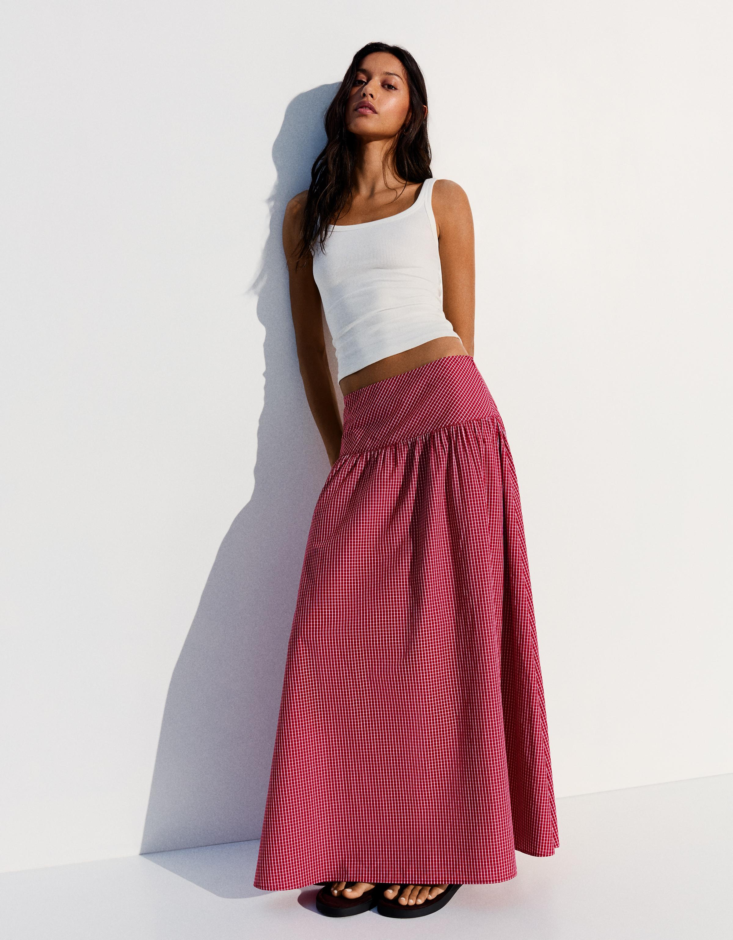Bershka Falda Midi Evasé Mujer Rojo