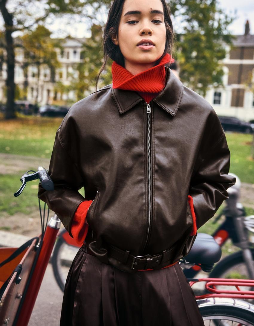 Faux leather bomber jacket with belt-Brown