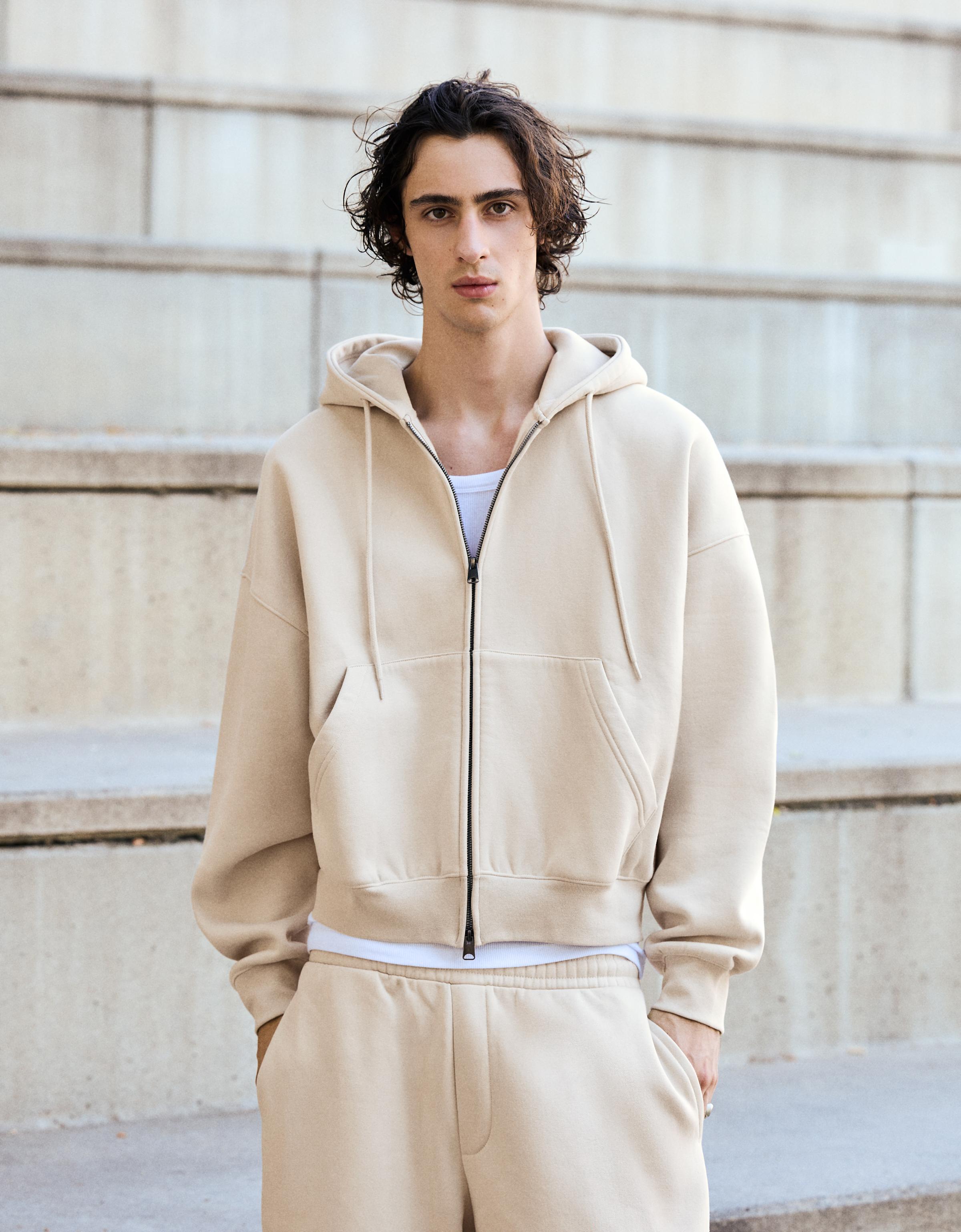 Bershka Sudadera Capucha Cremallera Hombre L Piedra