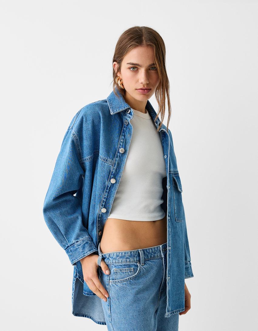 Long sleeve oversize denim shirt-Light blue