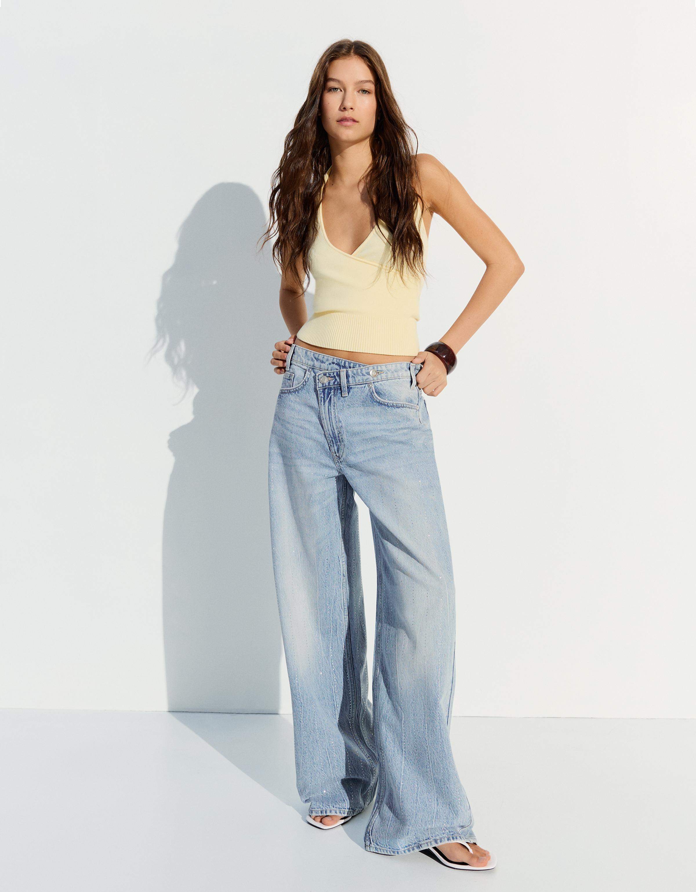 Shimmery wide-leg jeans with crossover waist — Light blue
