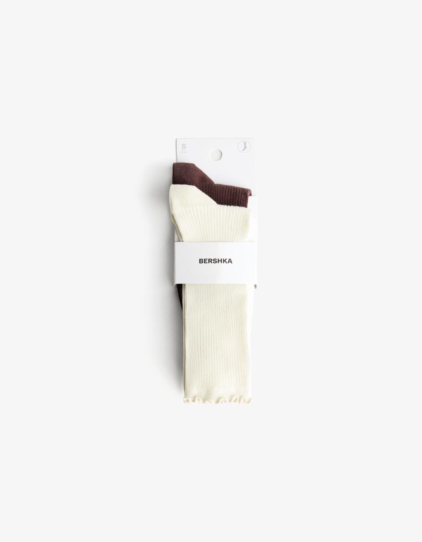 Pack of 2 lettuce-edge ribbed socks-Brown-2
