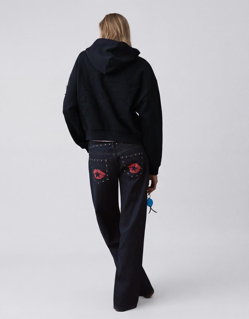 Jean baggy taille basse à clous-Marine