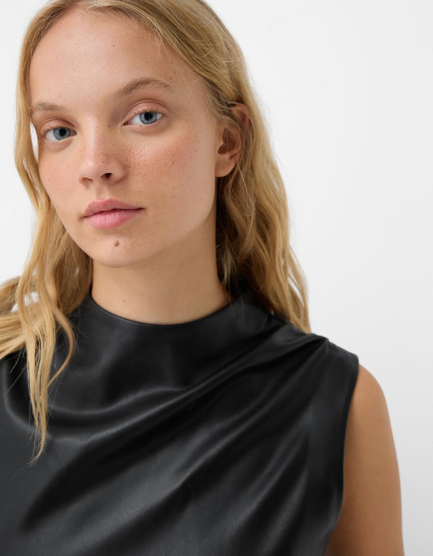 Asymmetric draped leather effect top-Black-2