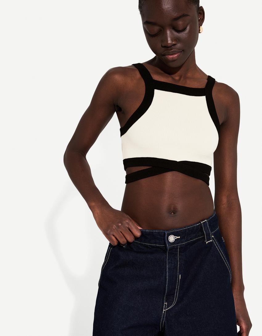 Strappy cut-out top with contrast straps-Cream-2