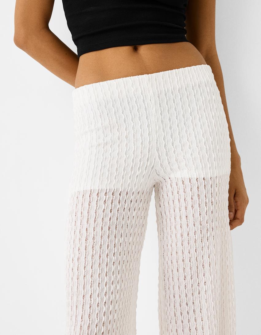 Textured rustic wide-leg trousers-Off white-5