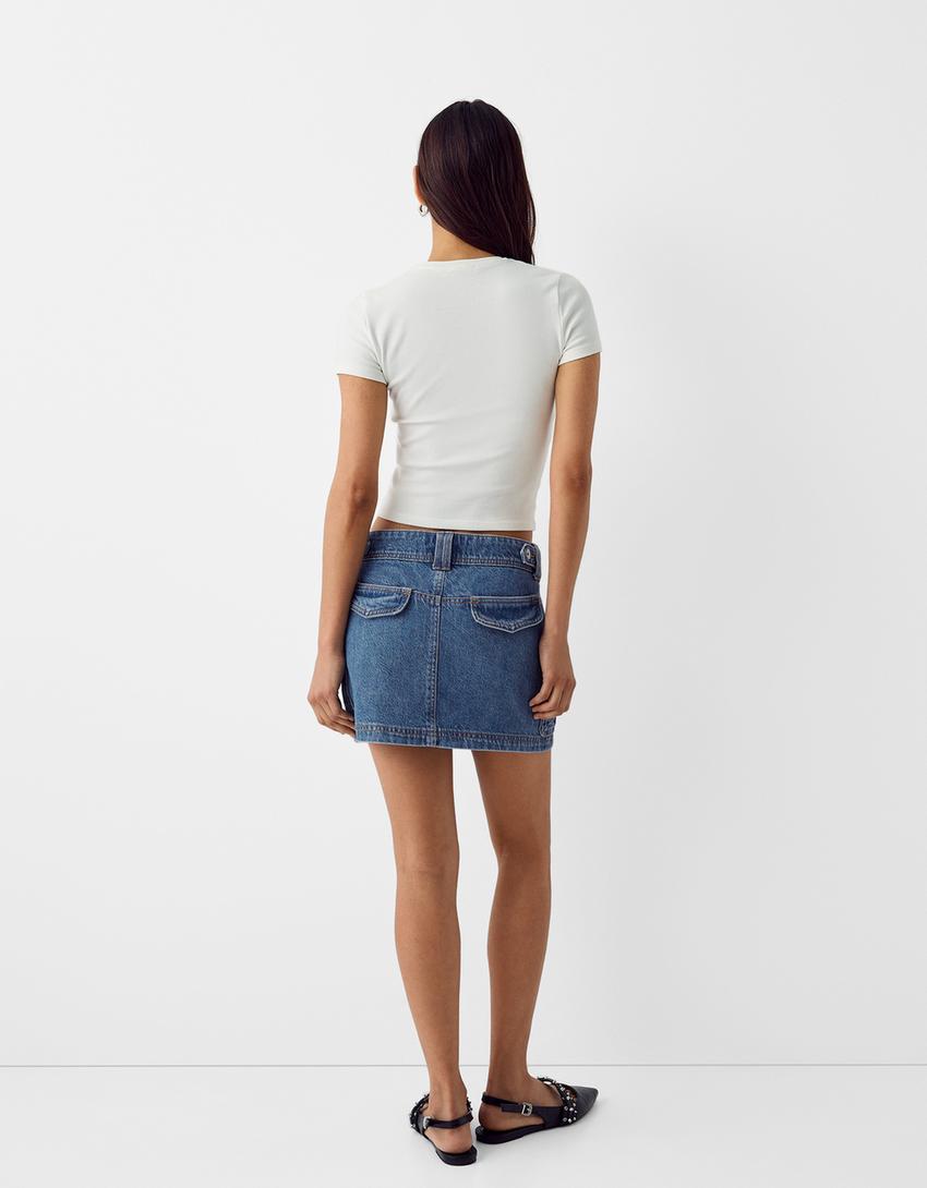 Mini-jupe denim cargo-Bleu lavé-1