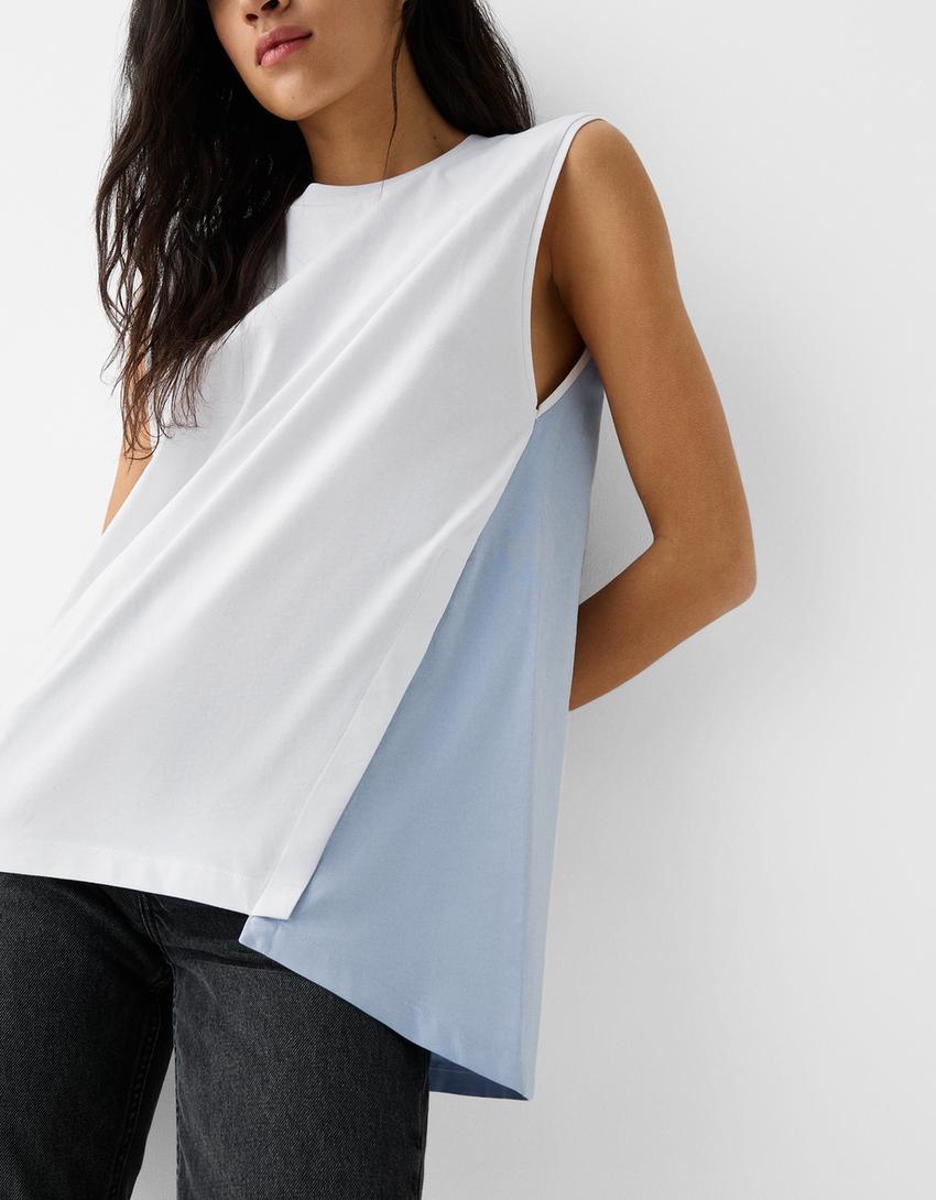 تيشرت فضفاض بدون أكمام من نسيج متباين-أبيض-3