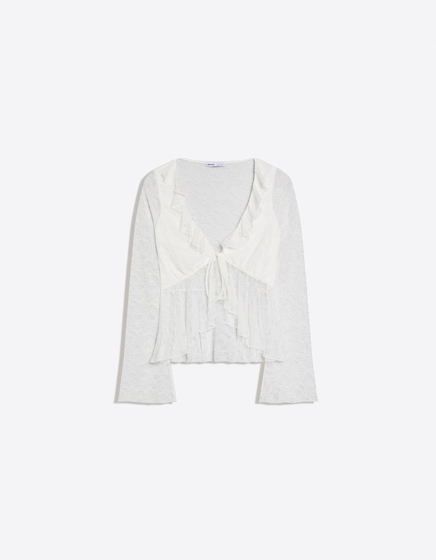 Lace ruffled T-shirt-White