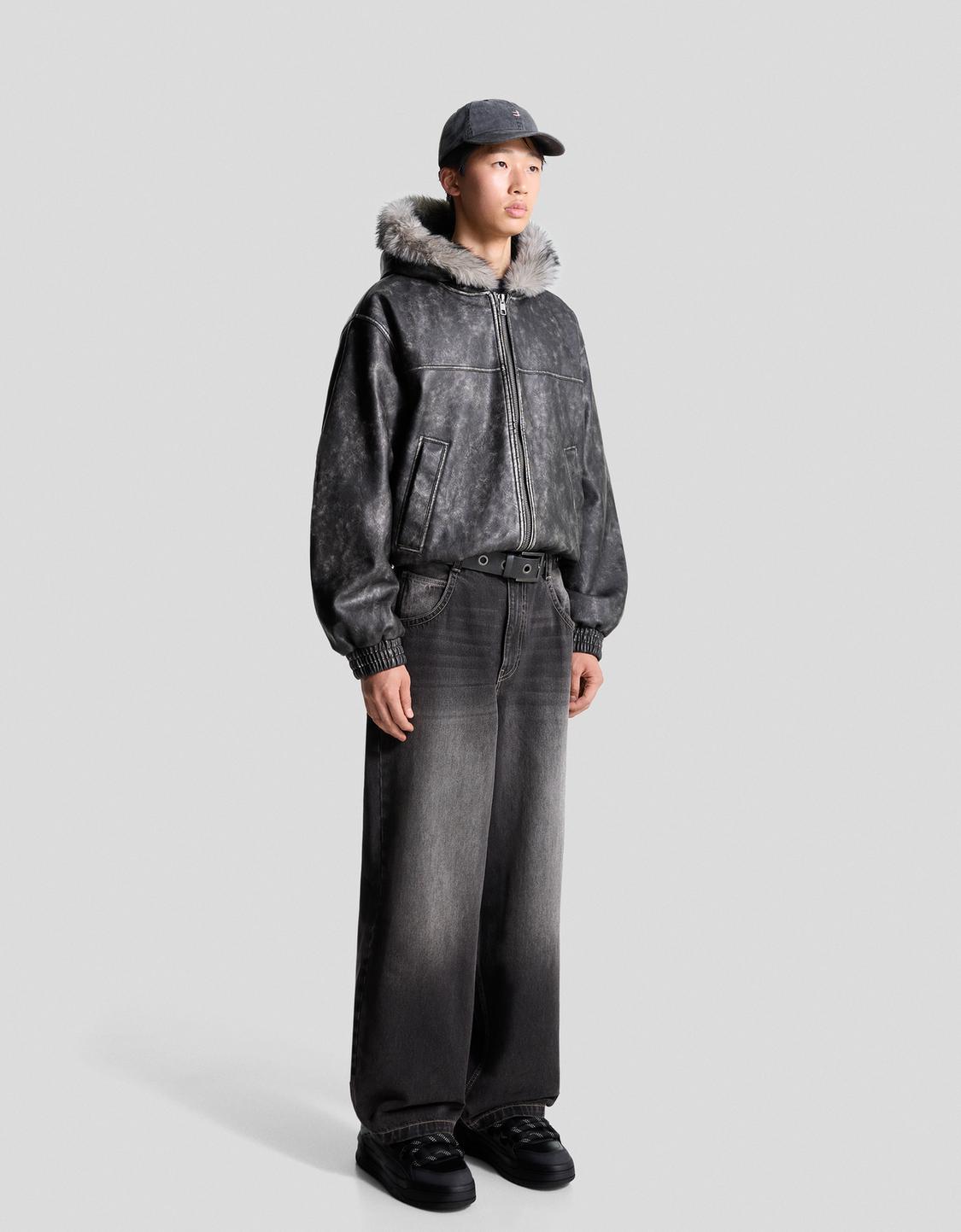 Faux leather hooded jacket
