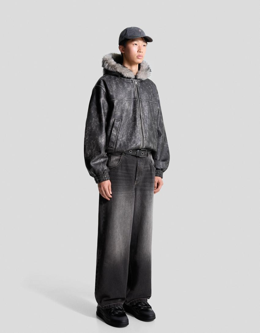 Faux leather hooded jacket-Black