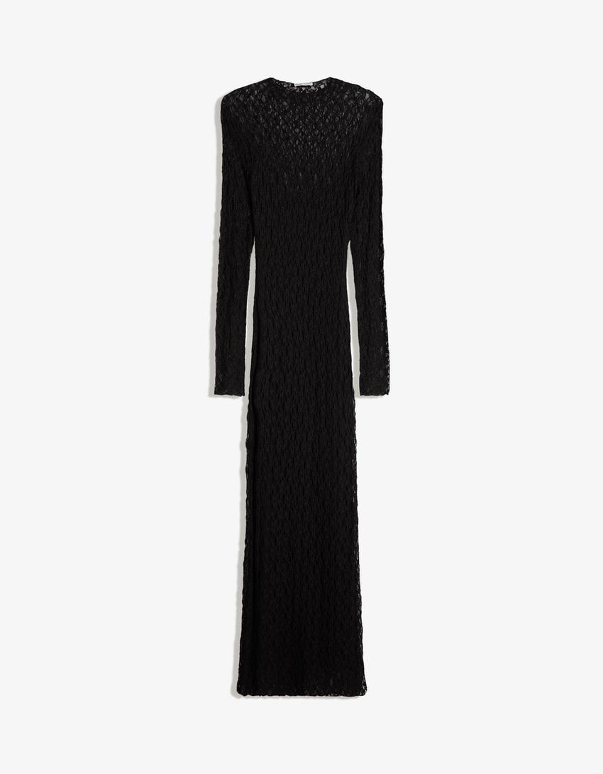 Blonde lace long-sleeve midi dress-Black
