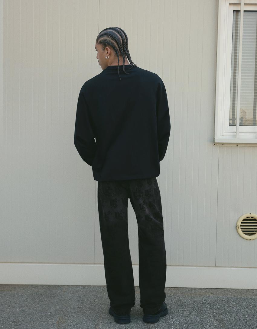 Straight-leg jeans met laserprint-Zwart
