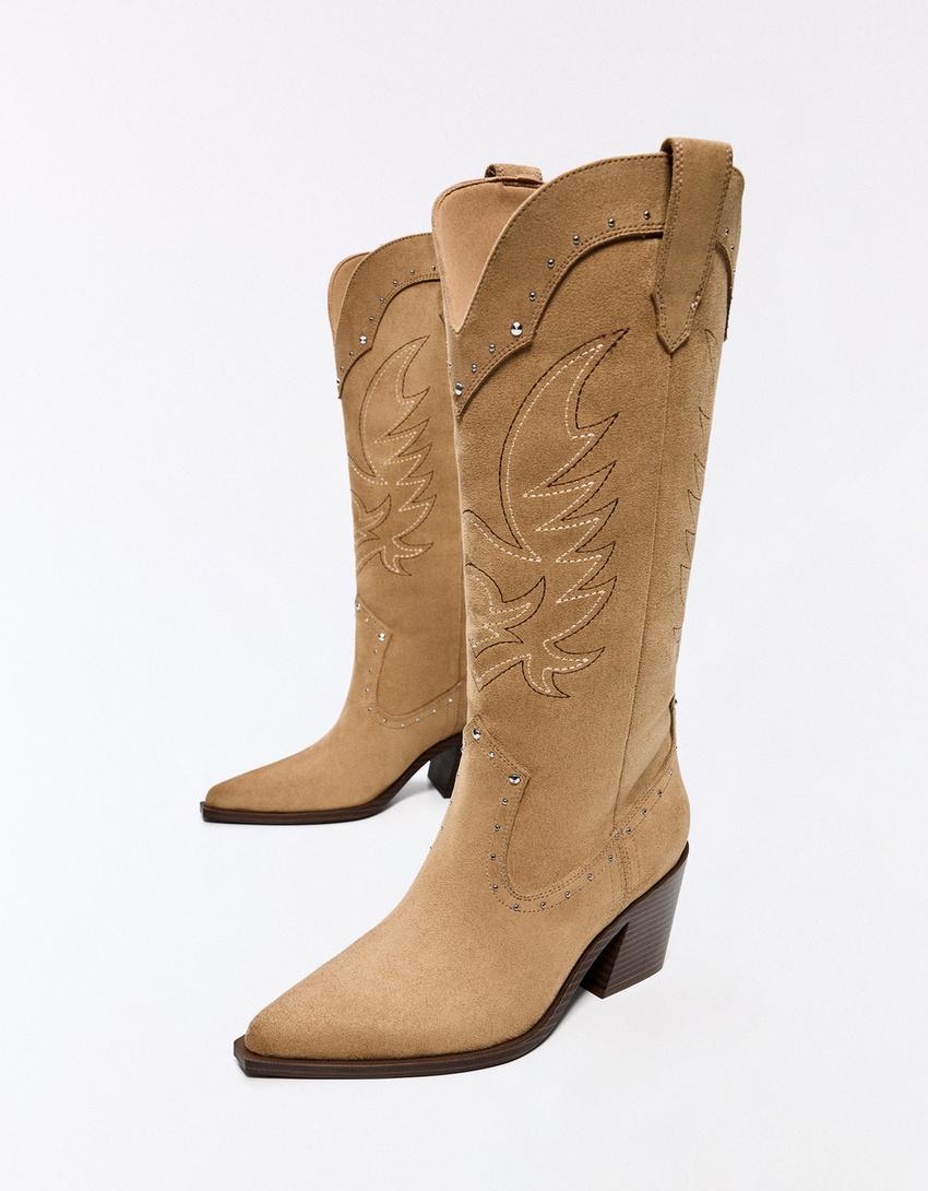 Studded cowboy heel boots-BEIGE