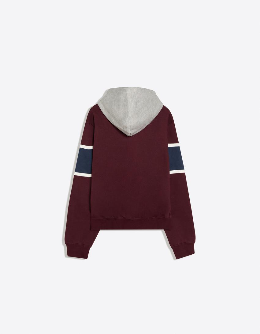 Contrast print hoodie-Burgundy