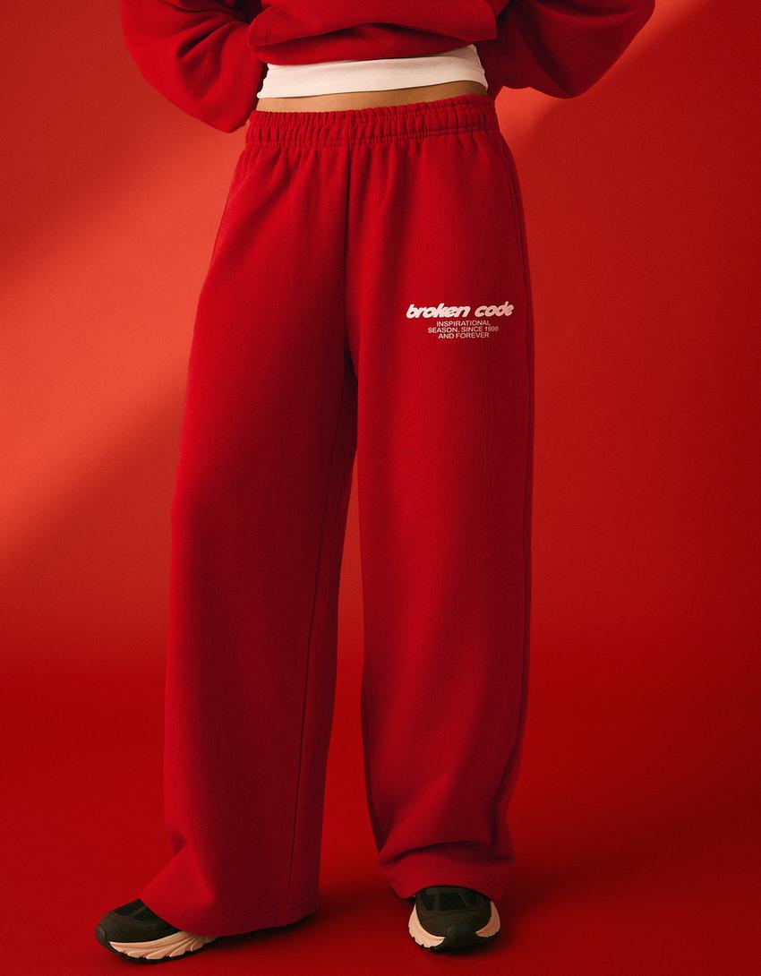 Pantalón felpa wide leg print-Rojo