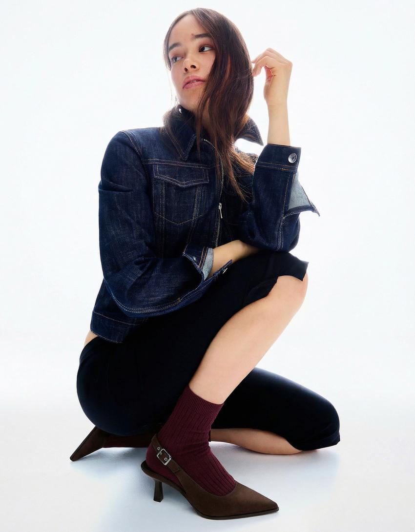 Arkası açık kısa sivri topuklu ayakkabı-Kahverengi