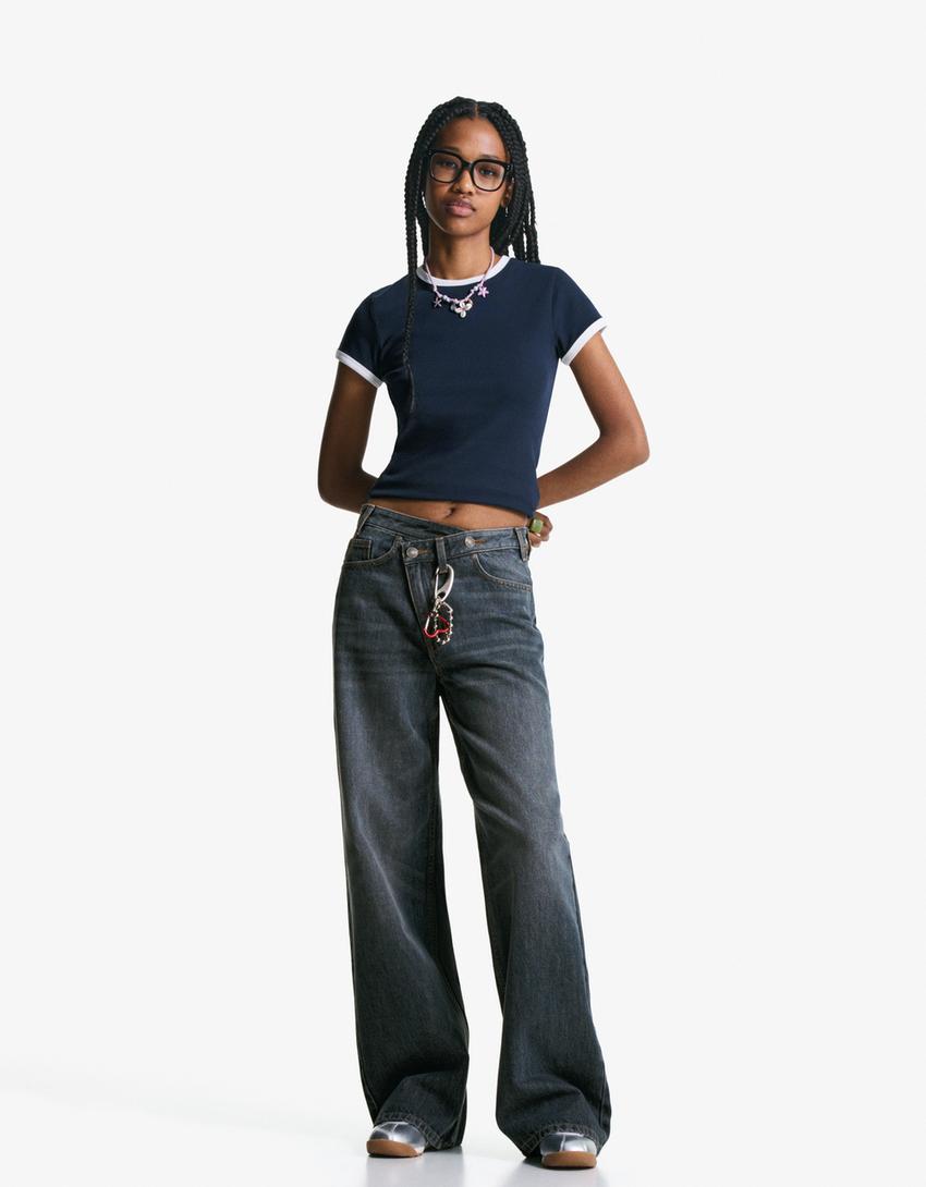 Jeans wide leg cintura cruzada-Azul