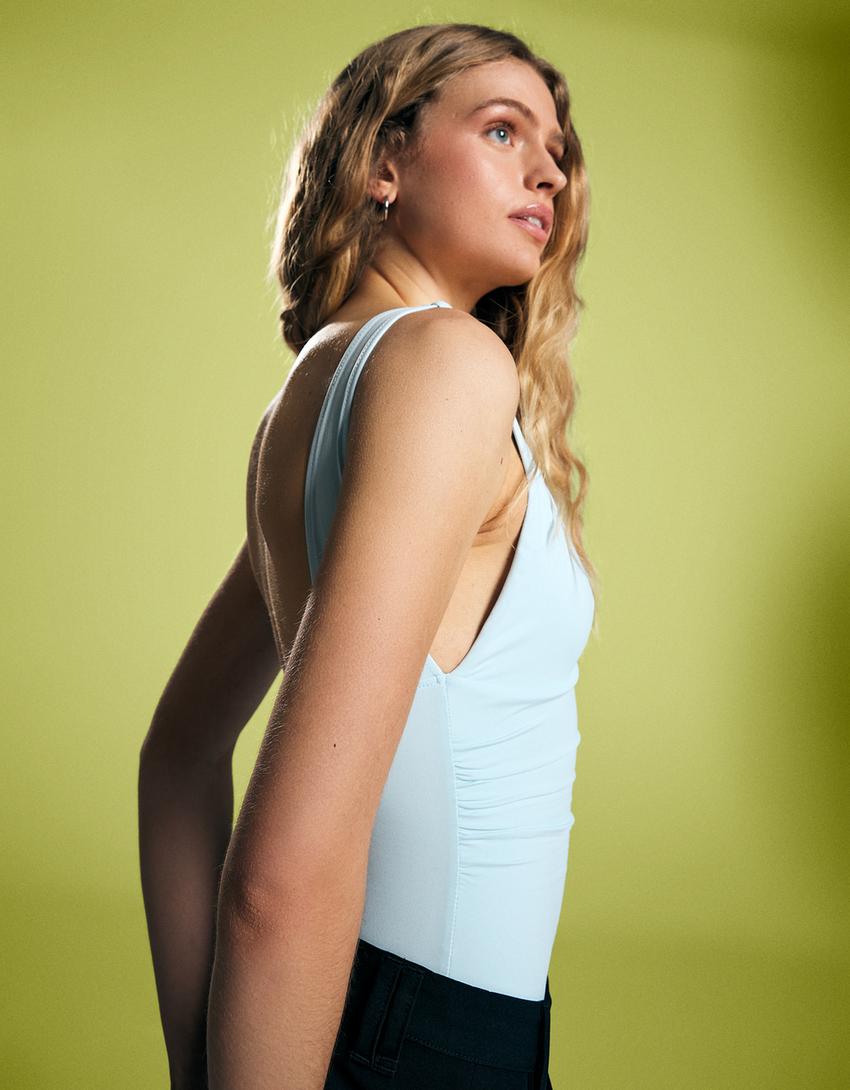 Strappy shirred bodysuit-Light blue