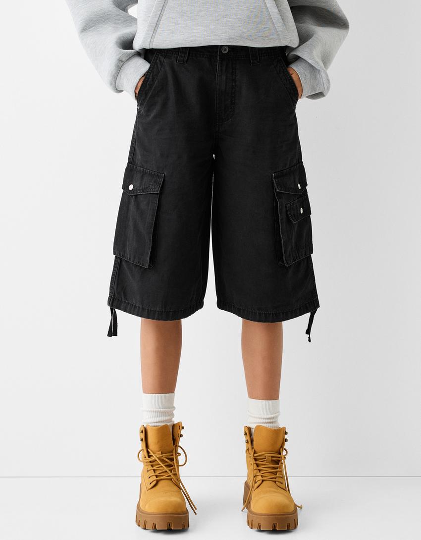 Памучни карго бермуди с разпусната кройка-Черно-1