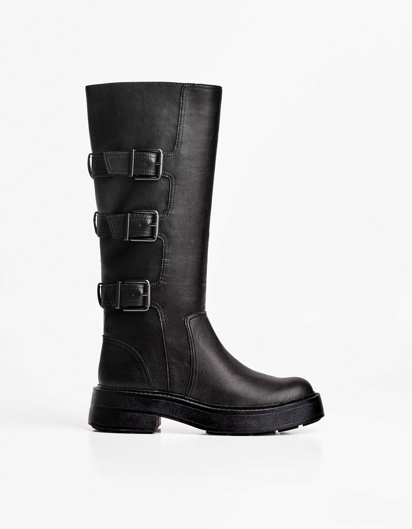 Bershka Bota Plana Hebillas Mujer 41 Negro