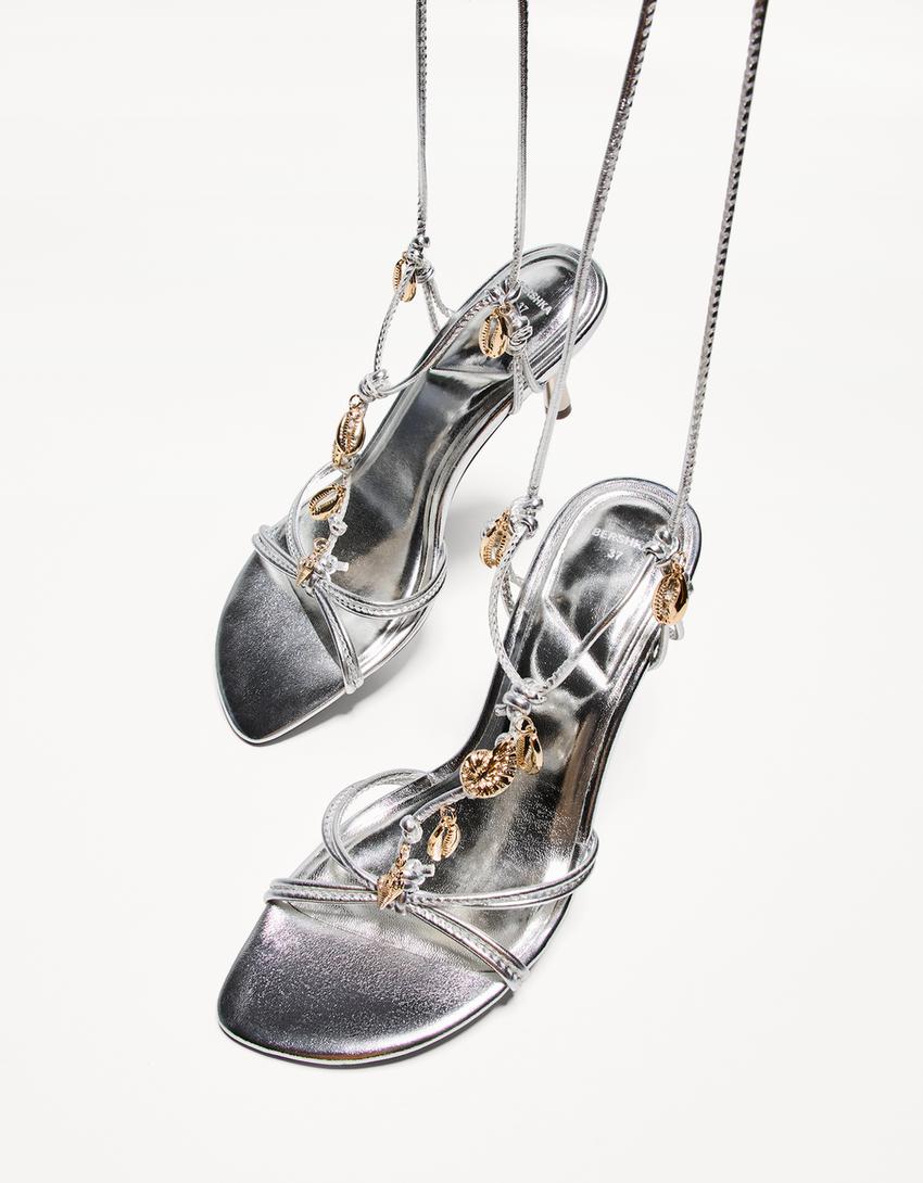 Tied high-heel sandals with rhinestones-SILVER