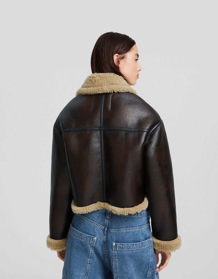 Distressed double-faced faux leather trucker jacket-Brown