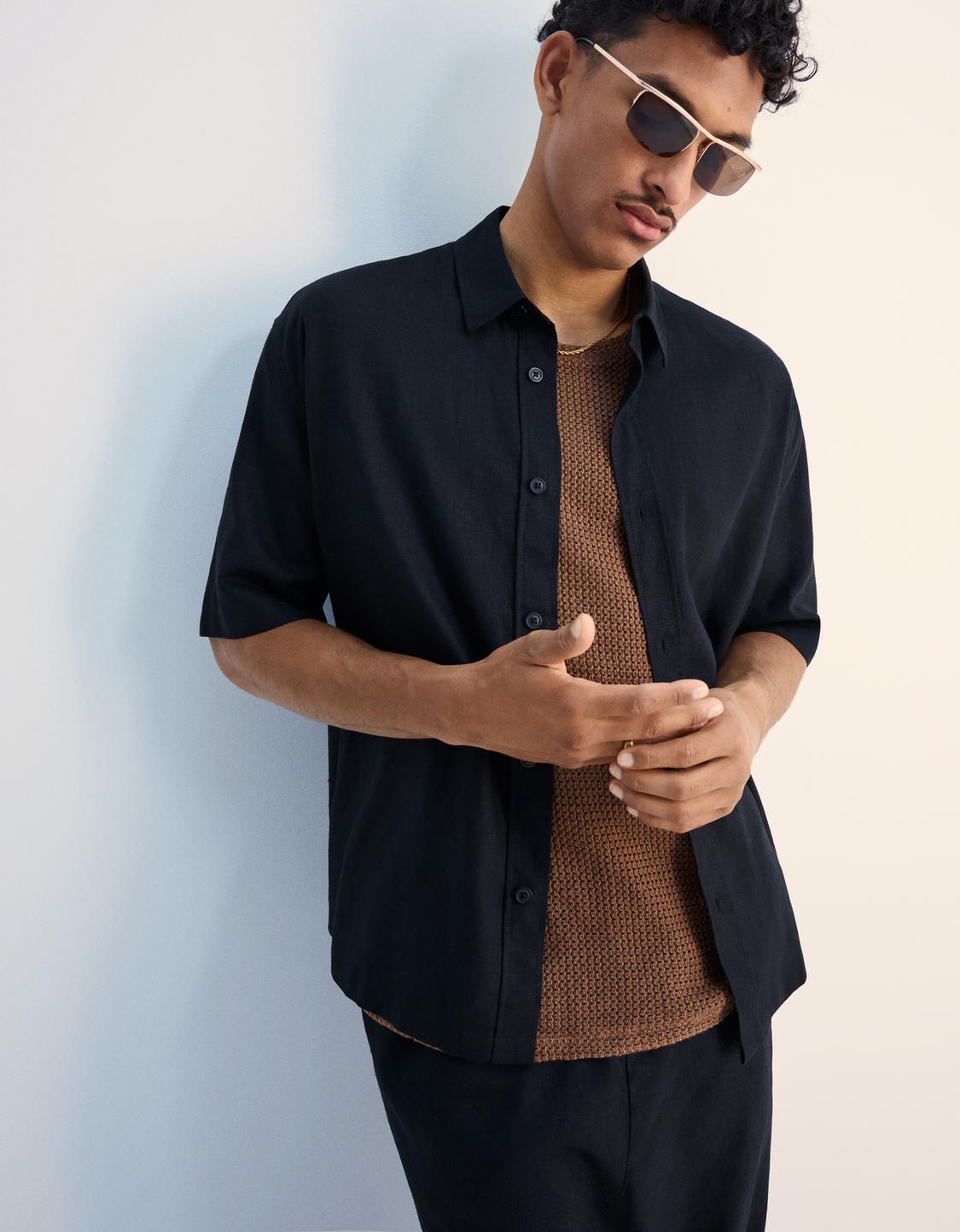 Short sleeve linen blend shirt