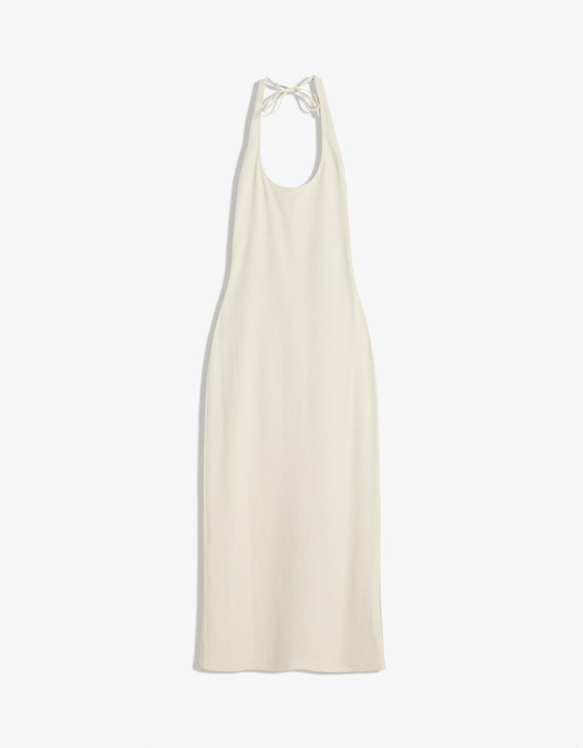 Textured midi dress-Beige