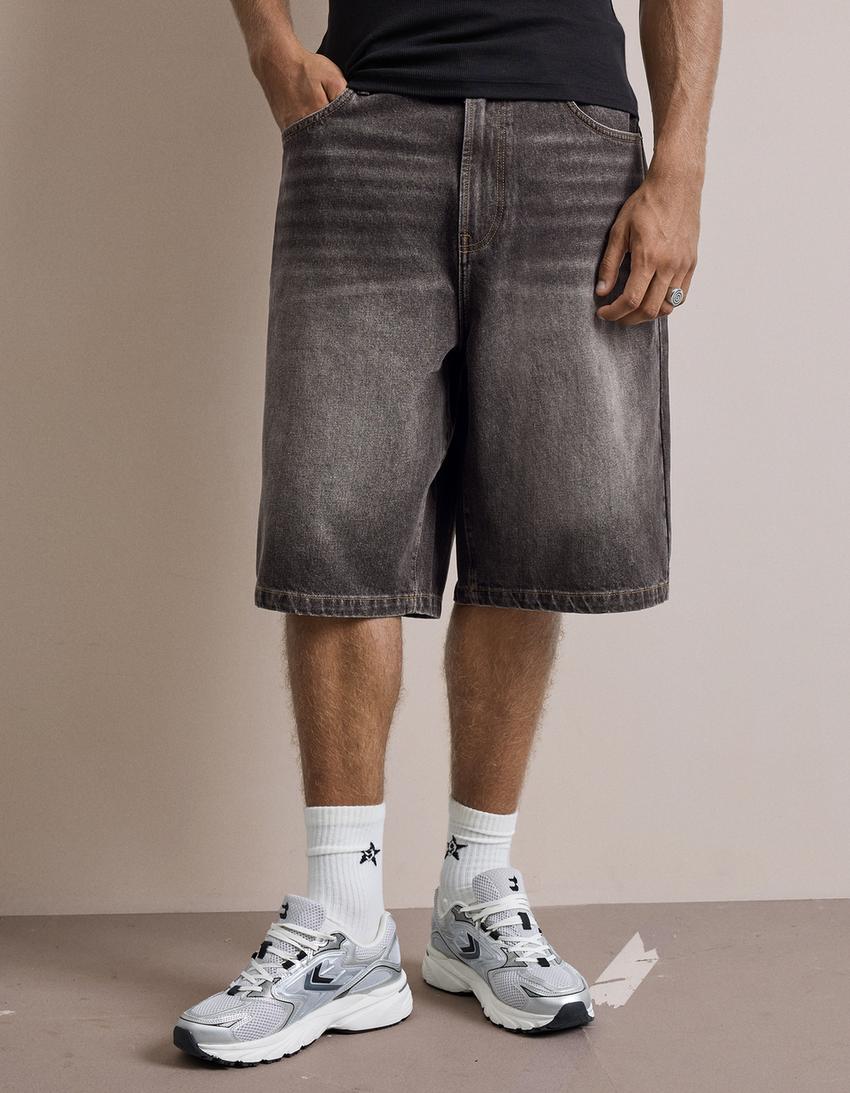 Embroidered denim Bermuda shorts-Black