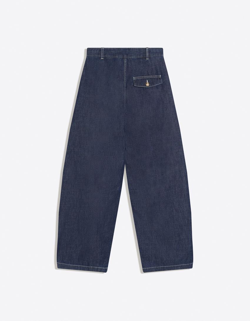 Farmerke balon kroja sa naborima i niskim strukom-Mornaskoplava