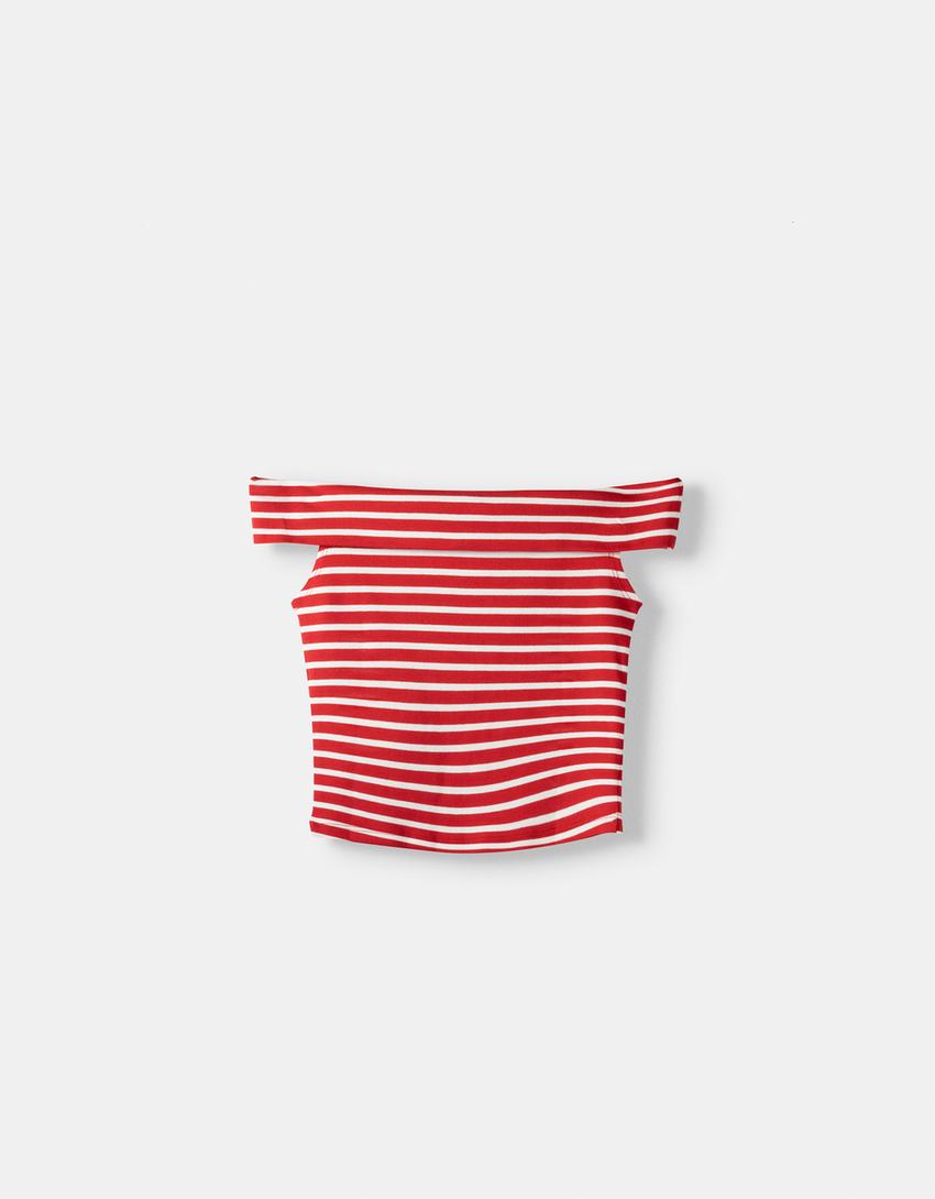 Short sleeve Bardot neck T-shirt-White-5