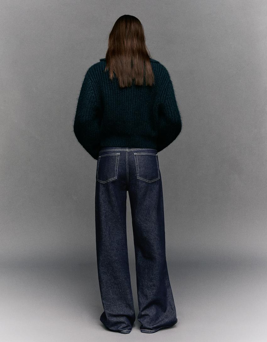 Jeans wide leg taille croisée-Marine