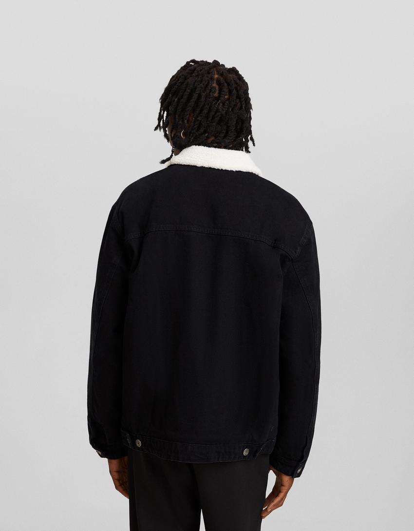 Faux shearling denim jacket-Black-1
