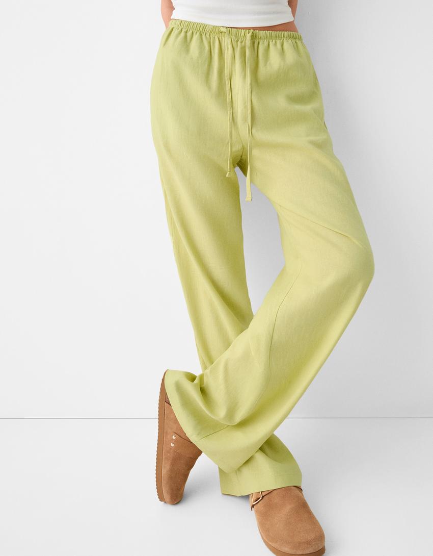 Straight-leg trousers with linen and an elastic waist-Green-3