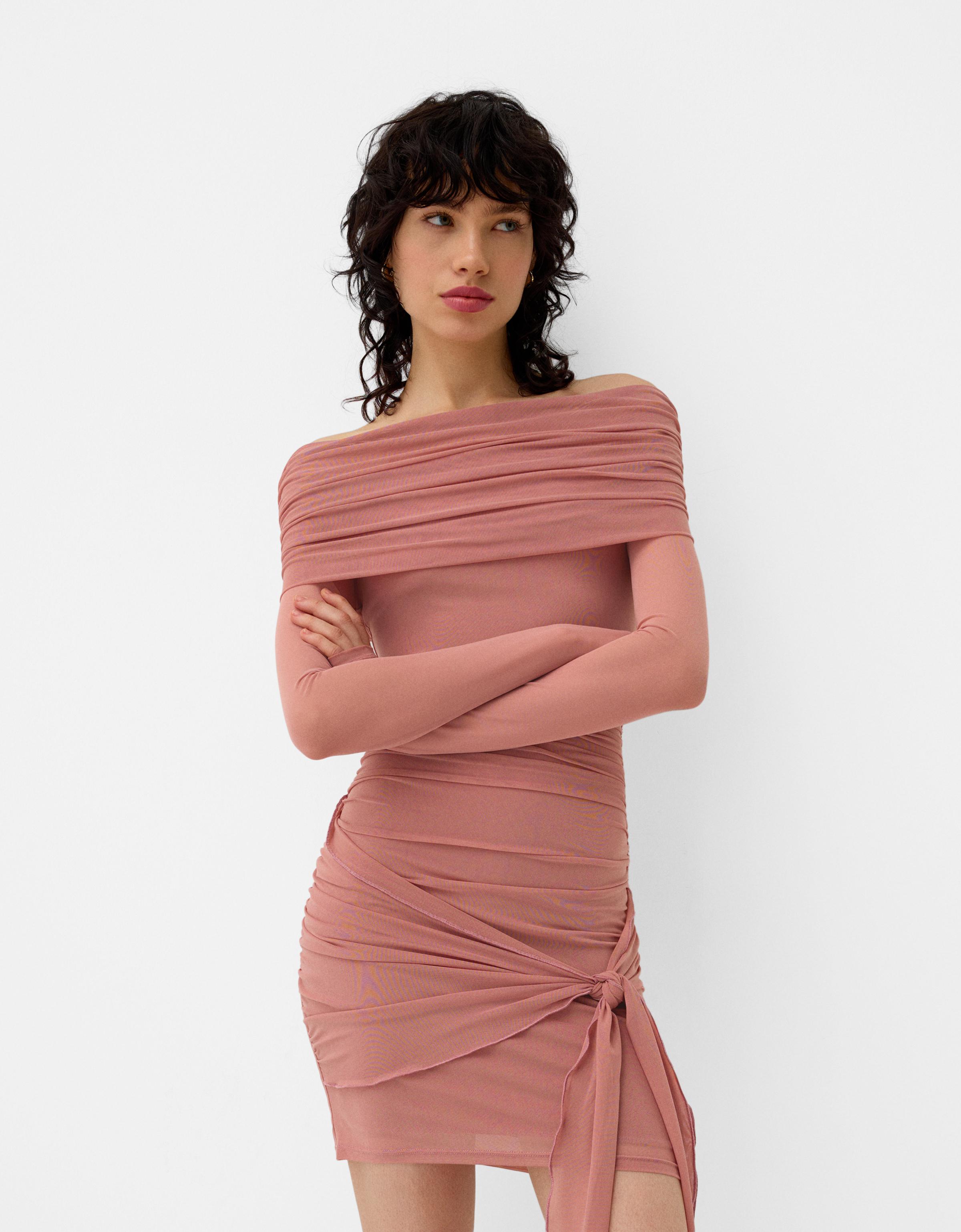 Bershka Mini-Kleid Aus Tüll Mit Carmen-Ausschnitt Und Raffungen Damen Xs Rosa