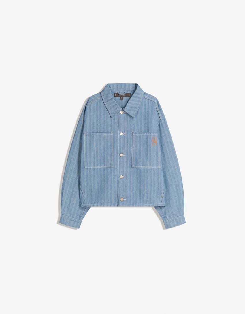 Giubbotto denim a righe-Azzurro Chiaro