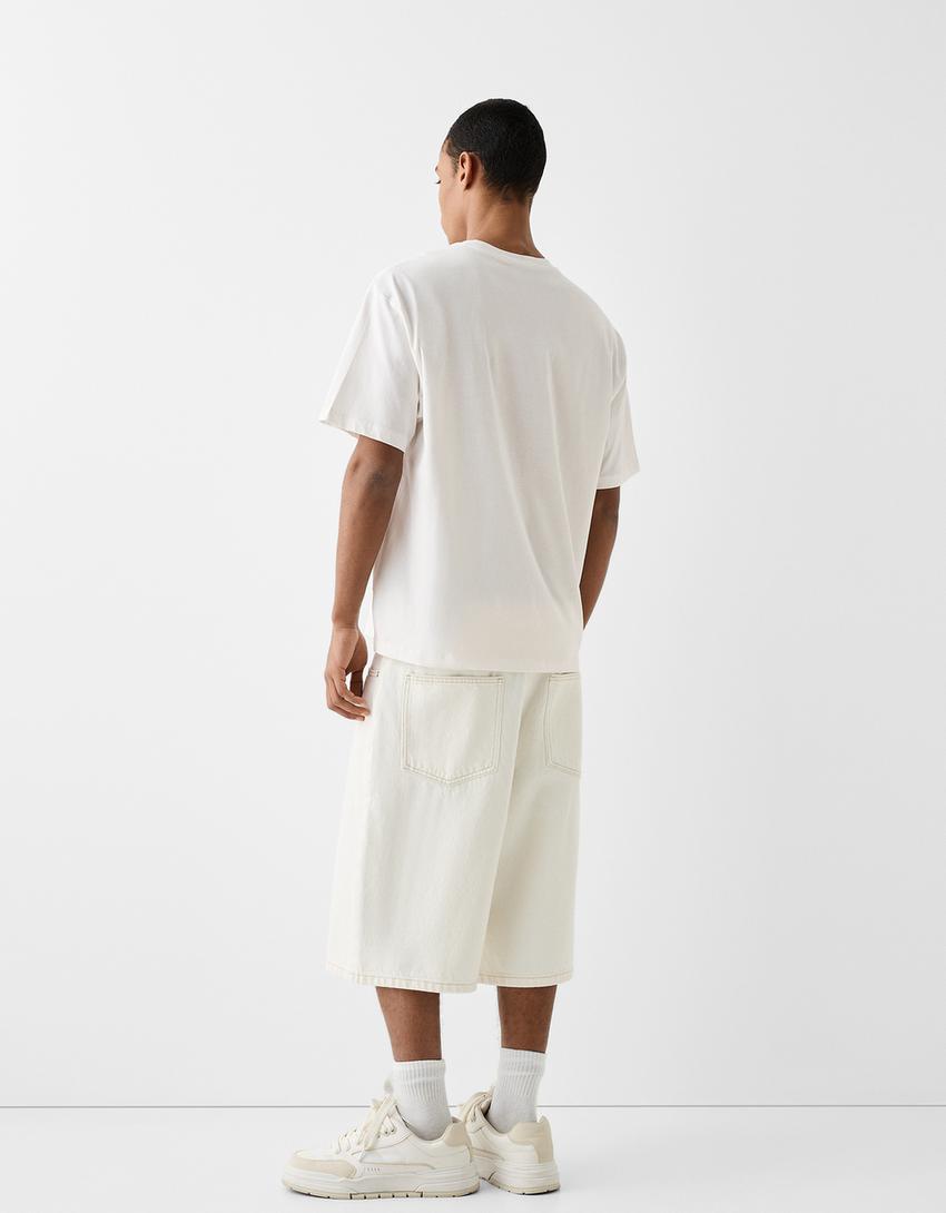 T-shirt manches courtes boxy fit imprimé-Blanc cassé-1