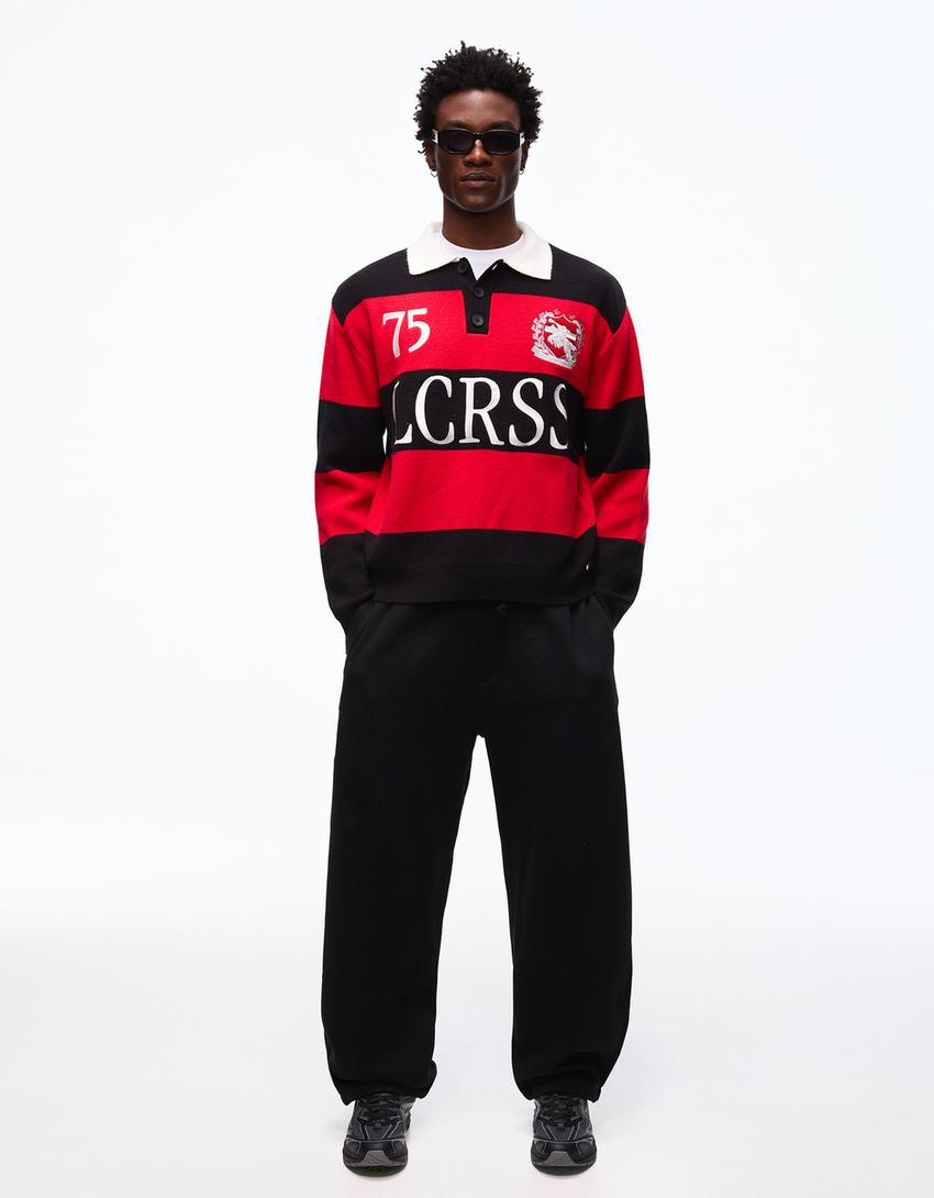 Vyšívaný svetr s polo límečkem-Červená