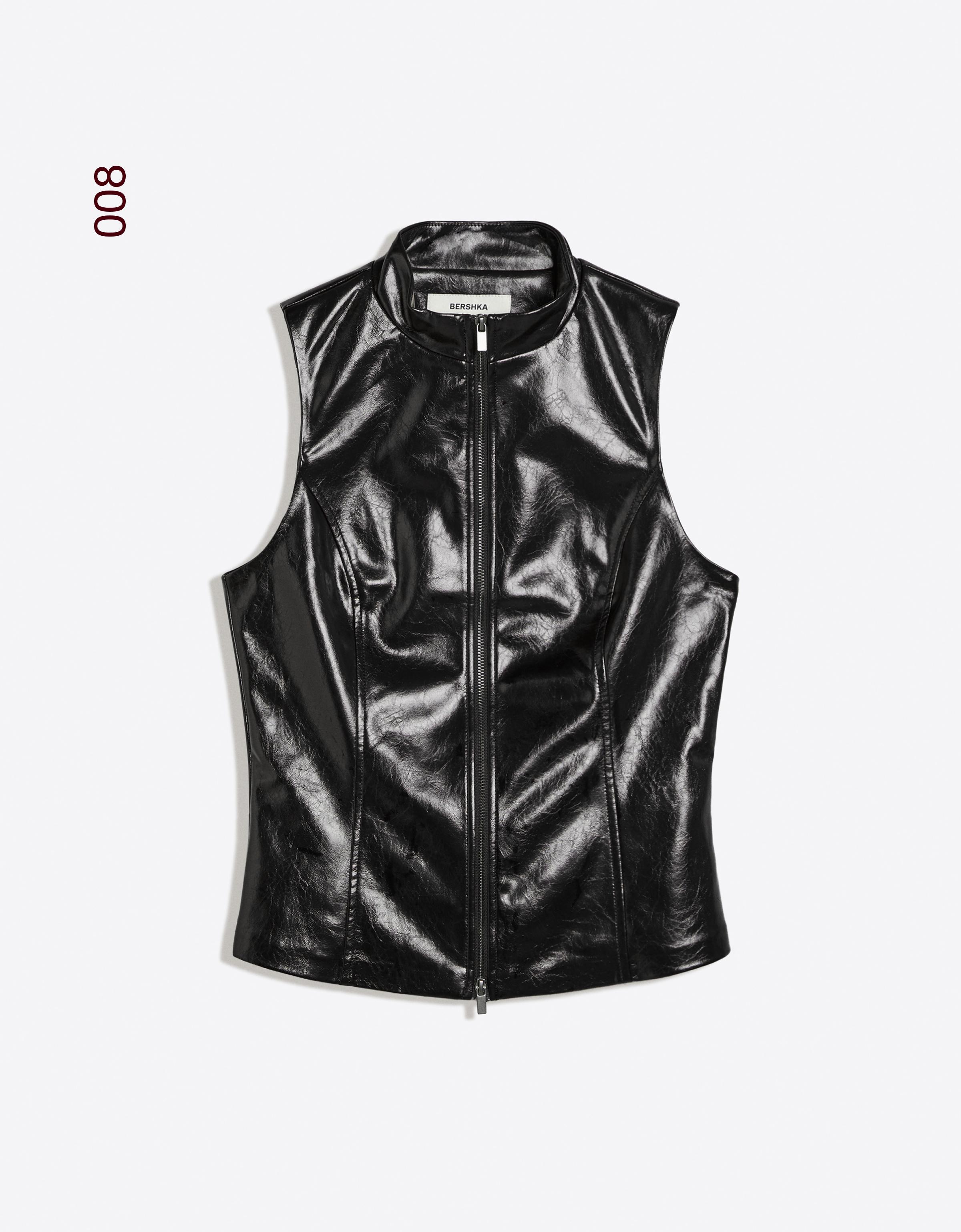 Leather-effect sleeveless high-neck top — Black
