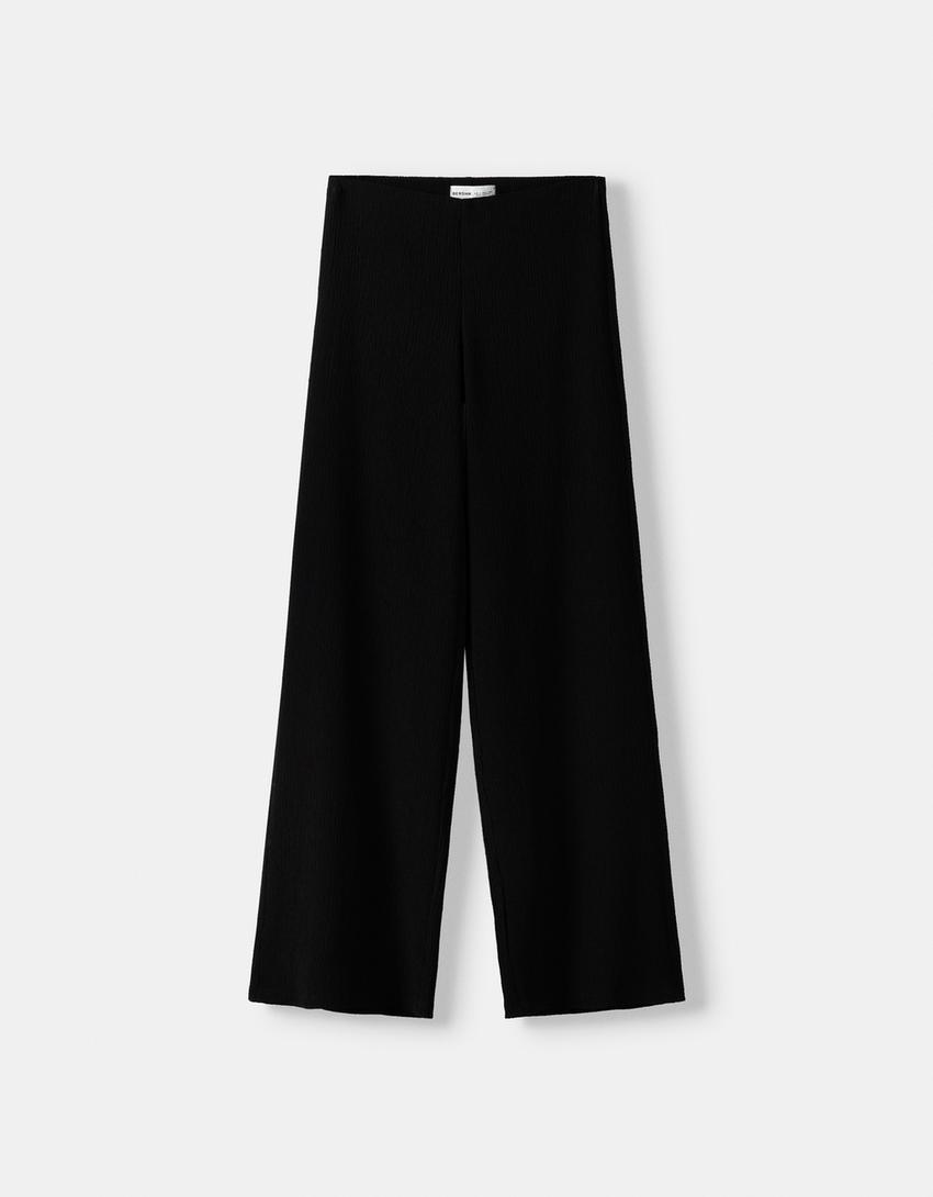 Wide leg embossed pants-Black-5