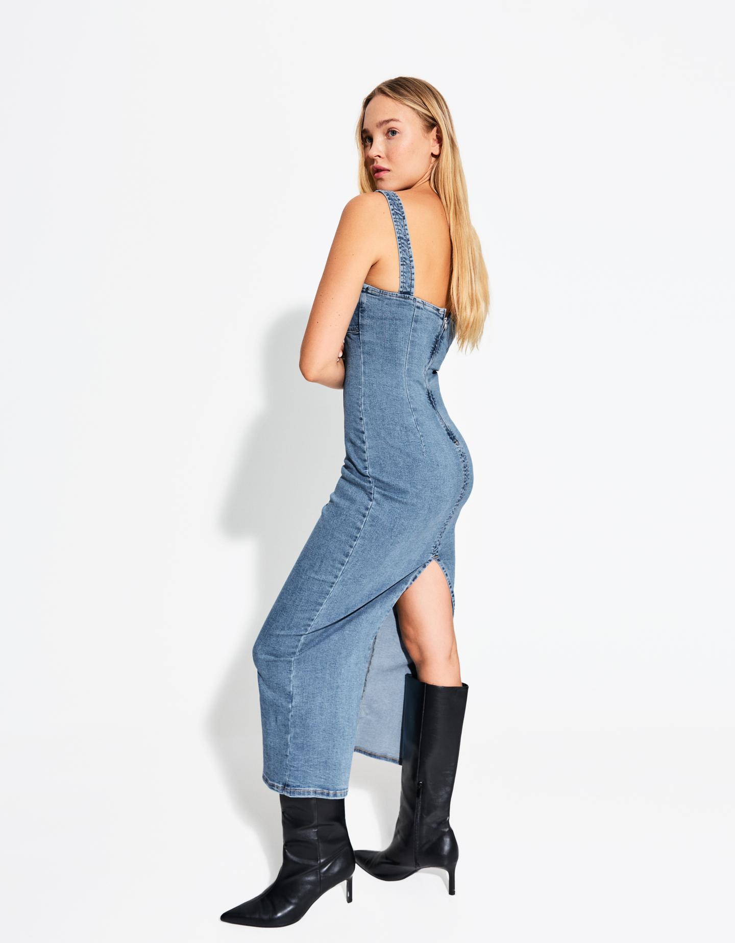 Bershka Vestido Denim Tirantes Largo Mujer Xs Azul Lavado