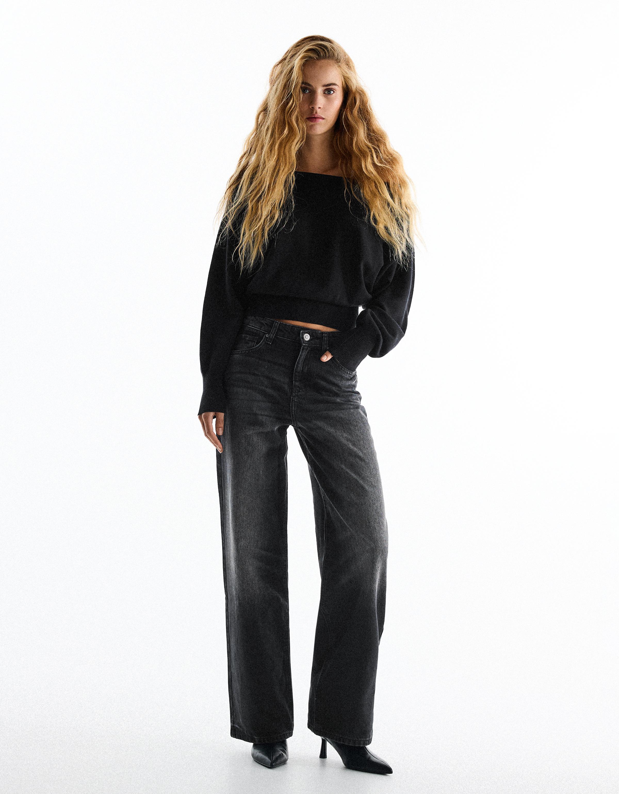 Bershka Jeansy Wide Z Wysokim Stanem Kobieta 44 Czarny