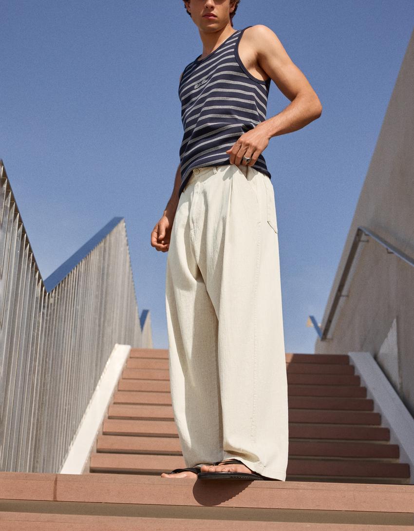 Pantalón super baggy con lino-Blanco roto