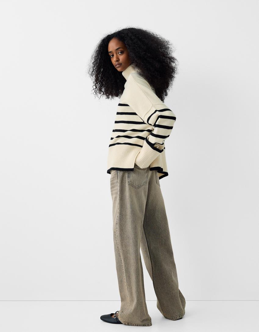 Striped high neck sweater-Cream-1
