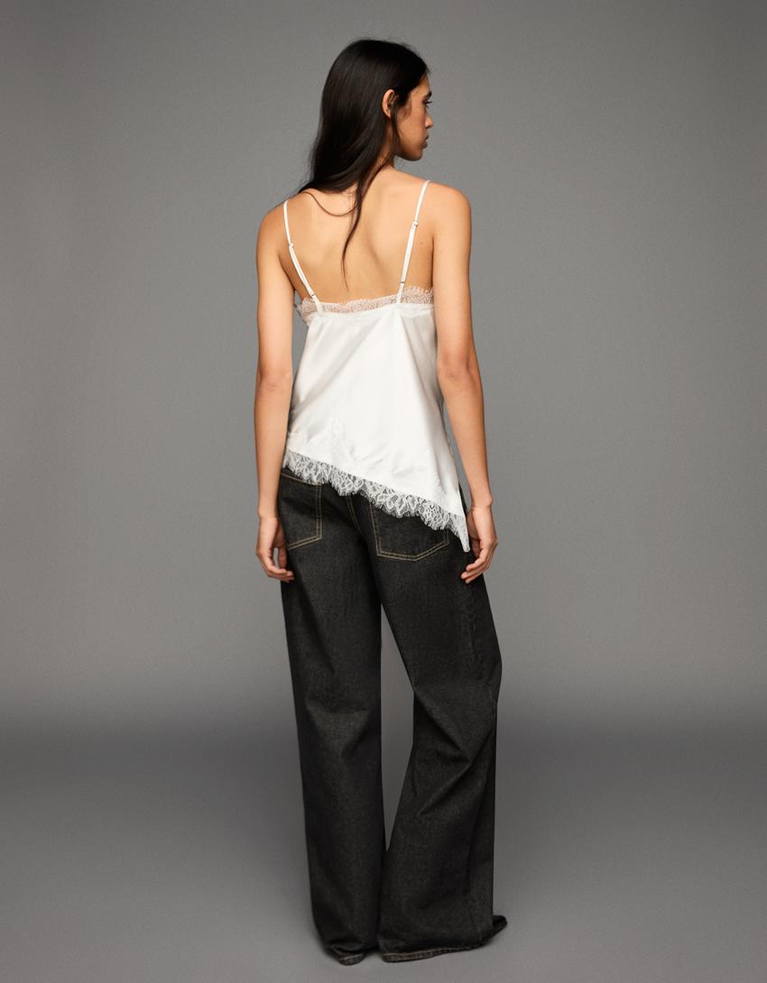 Asymmetric sateen strappy top-Cream