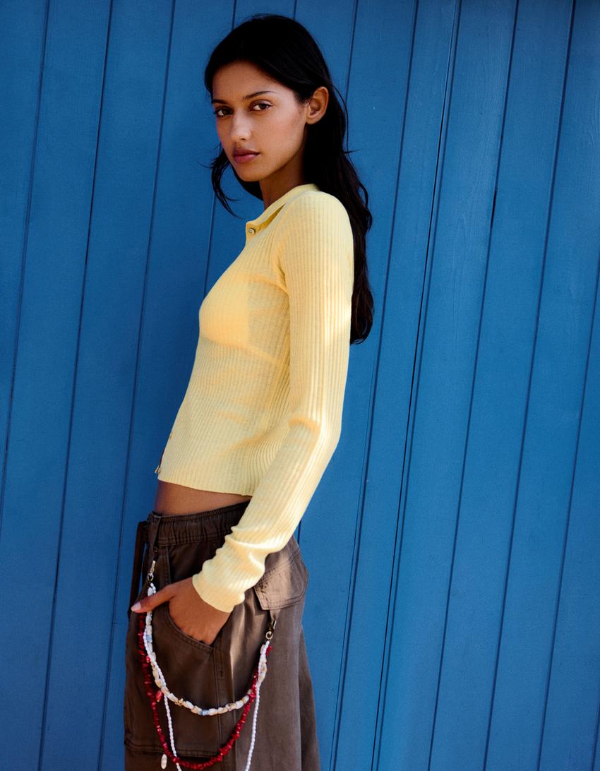 Chaqueta punto fino cuello polo-Amarillo
