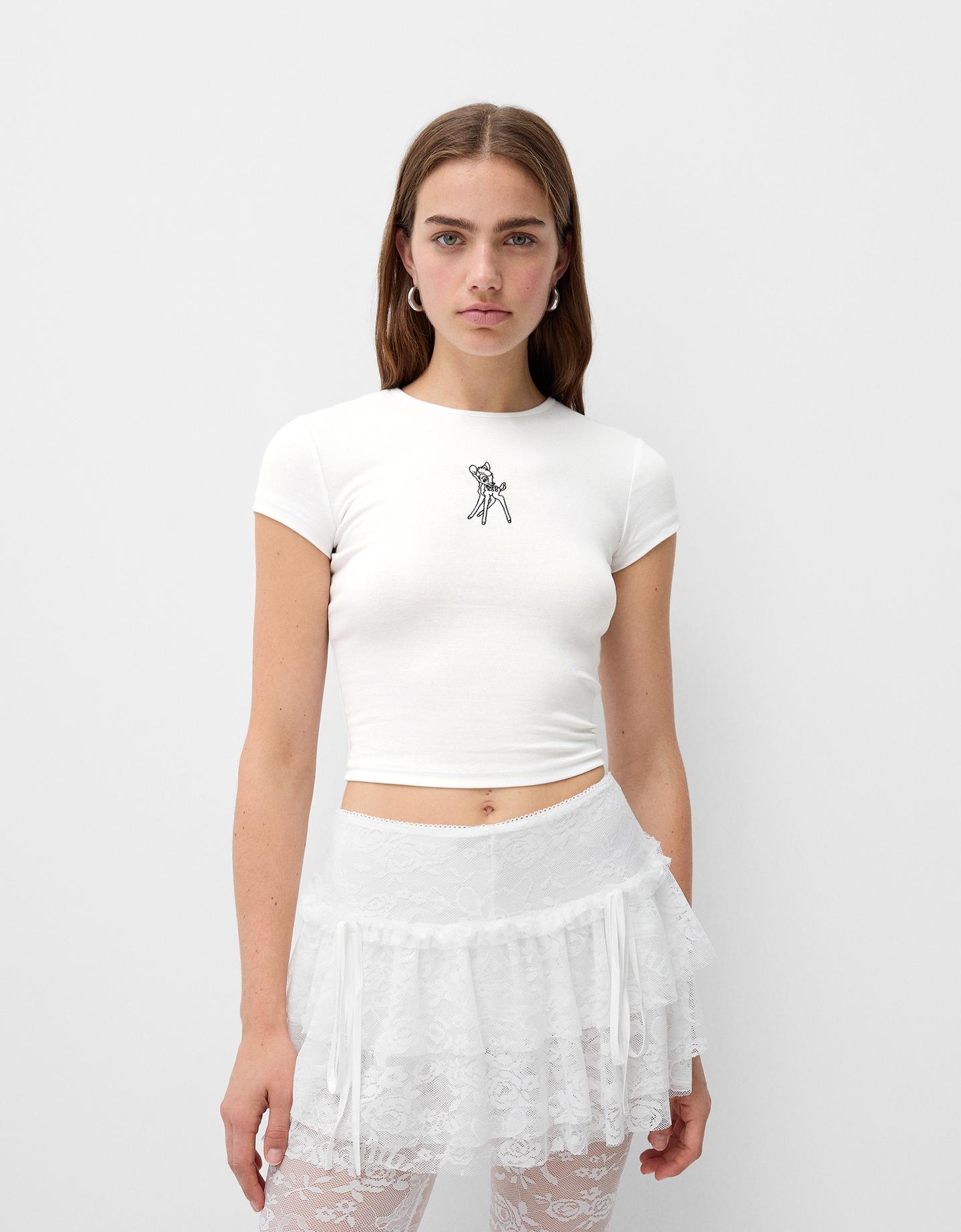 Bershka Maglietta Disney Bambi A Maniche Corte Donna Xl Bianco Roto