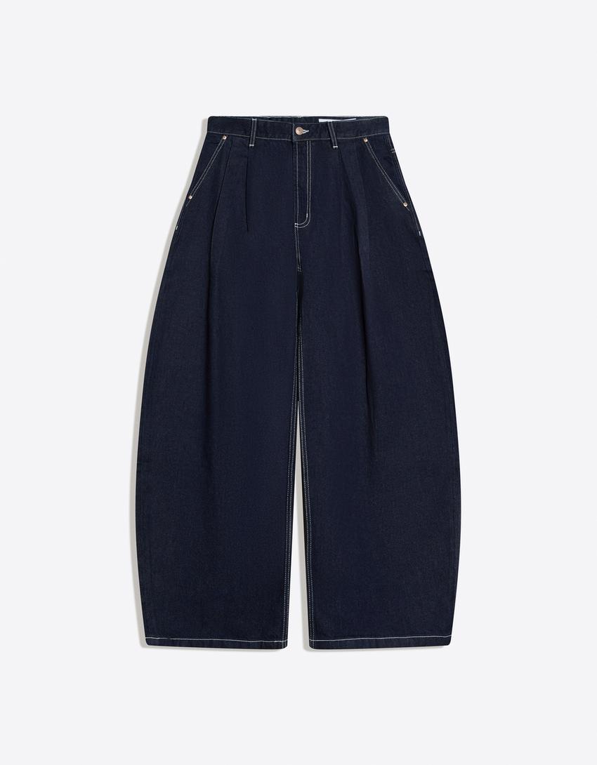 Pleated barrel jeans-Navy