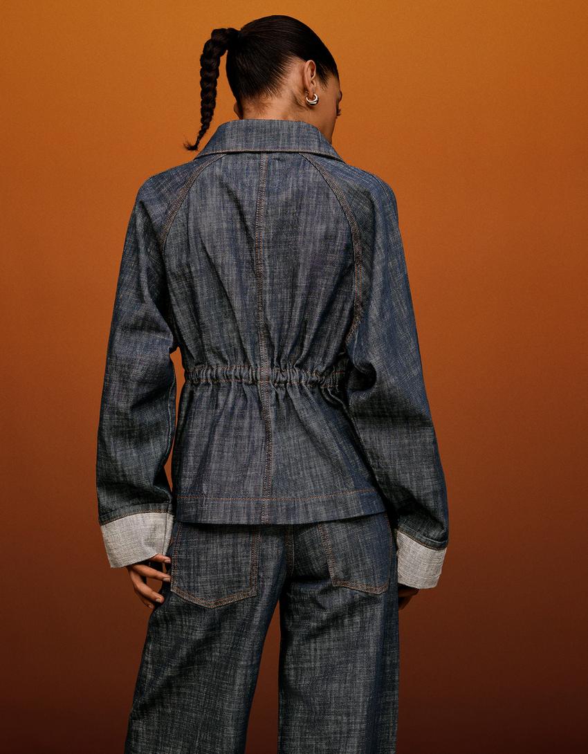 جاكيت دينيم بقياس كبير بارز الملمس-أزرق